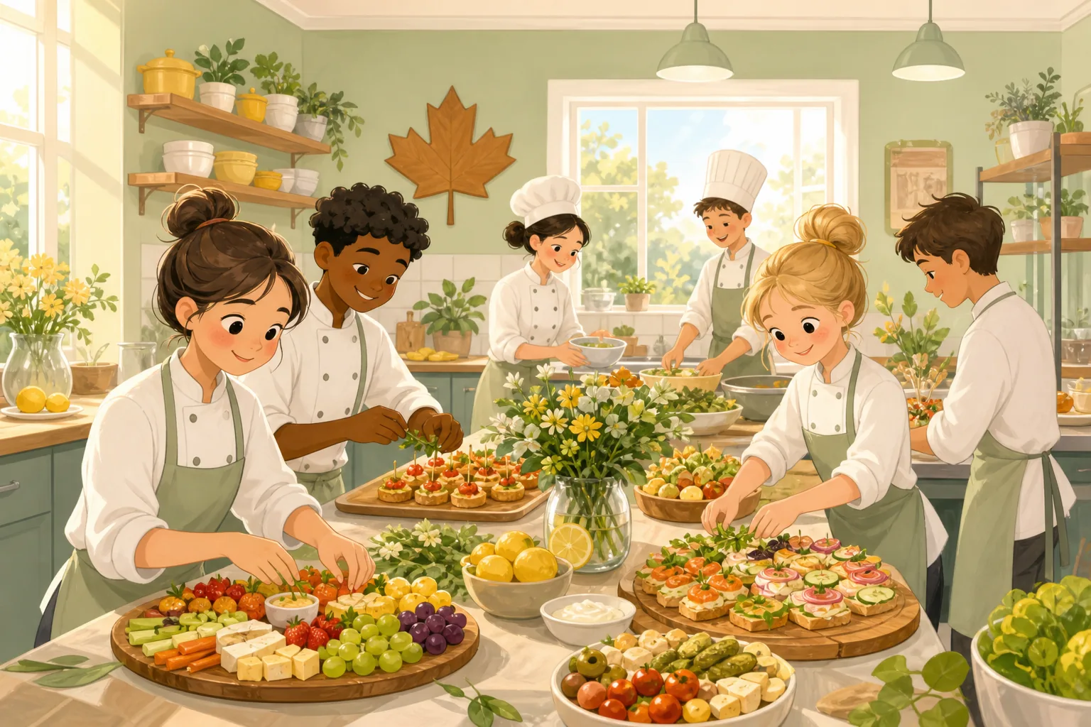 Bright cartoon catering kitchen with party platters