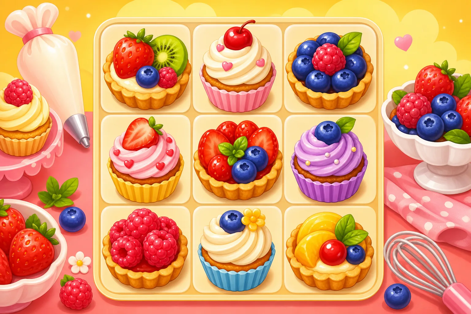 Bite Match puzzle with colourful tarts and berries