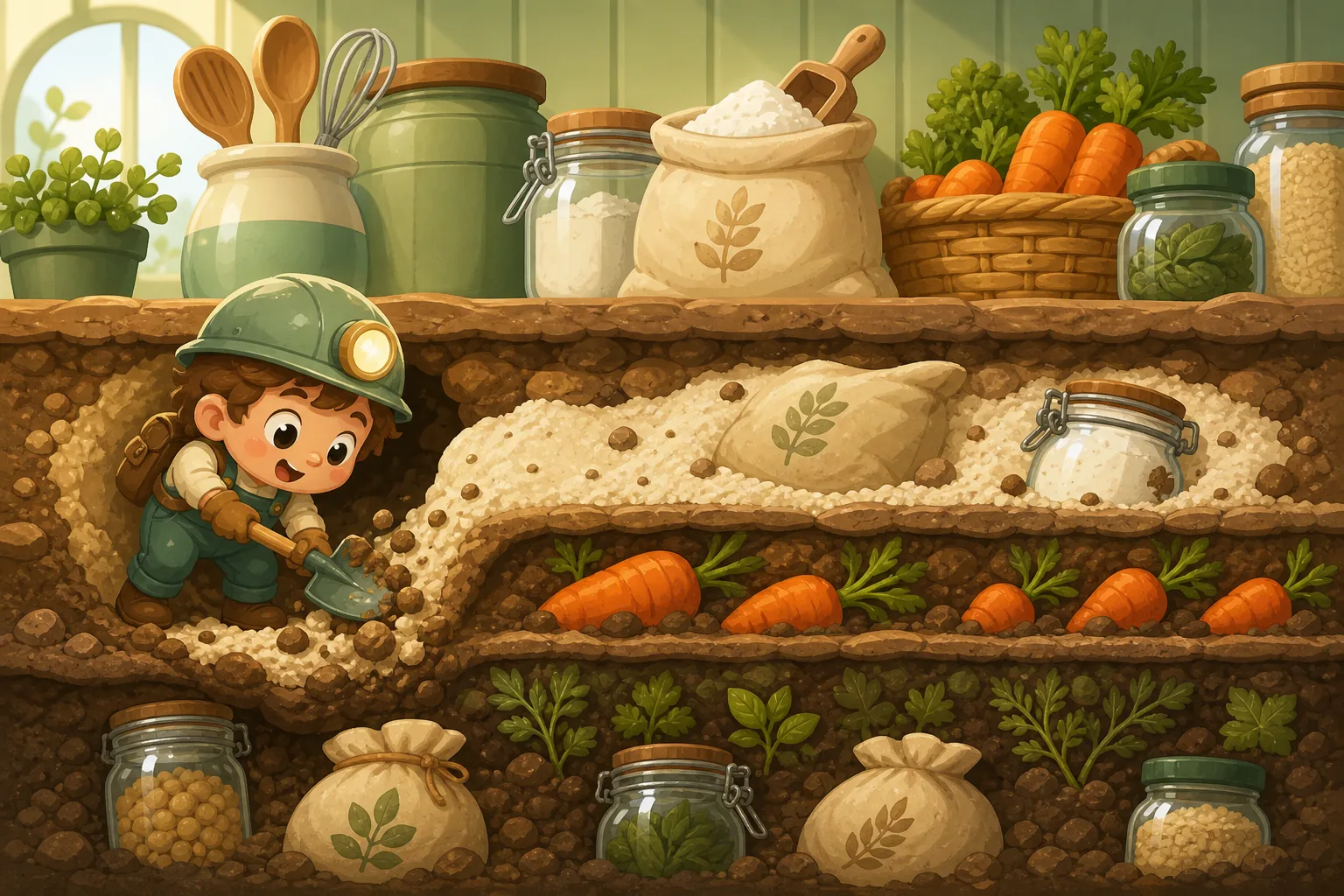 Cartoon pantry dig scene with shelves and shovel