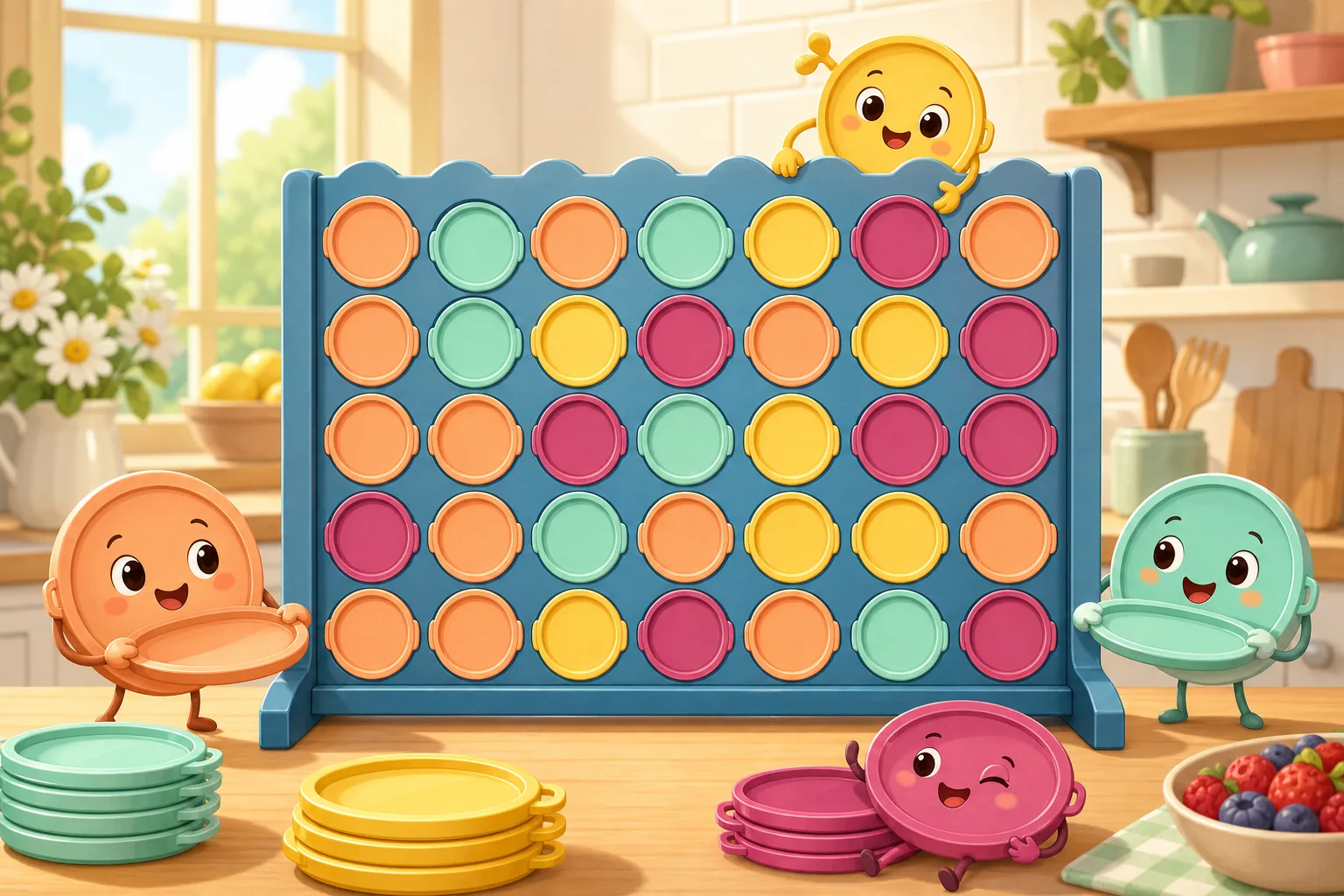 Stacked colourful catering trays in a grid